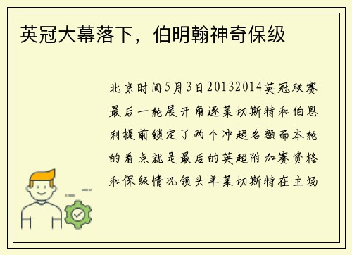 英冠大幕落下，伯明翰神奇保级